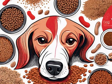 A variety of high-quality dog food kibbles surrounded by strands of dog hair