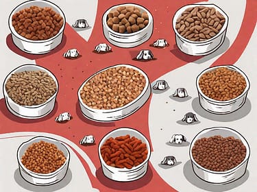 Five different types of dog food kibbles