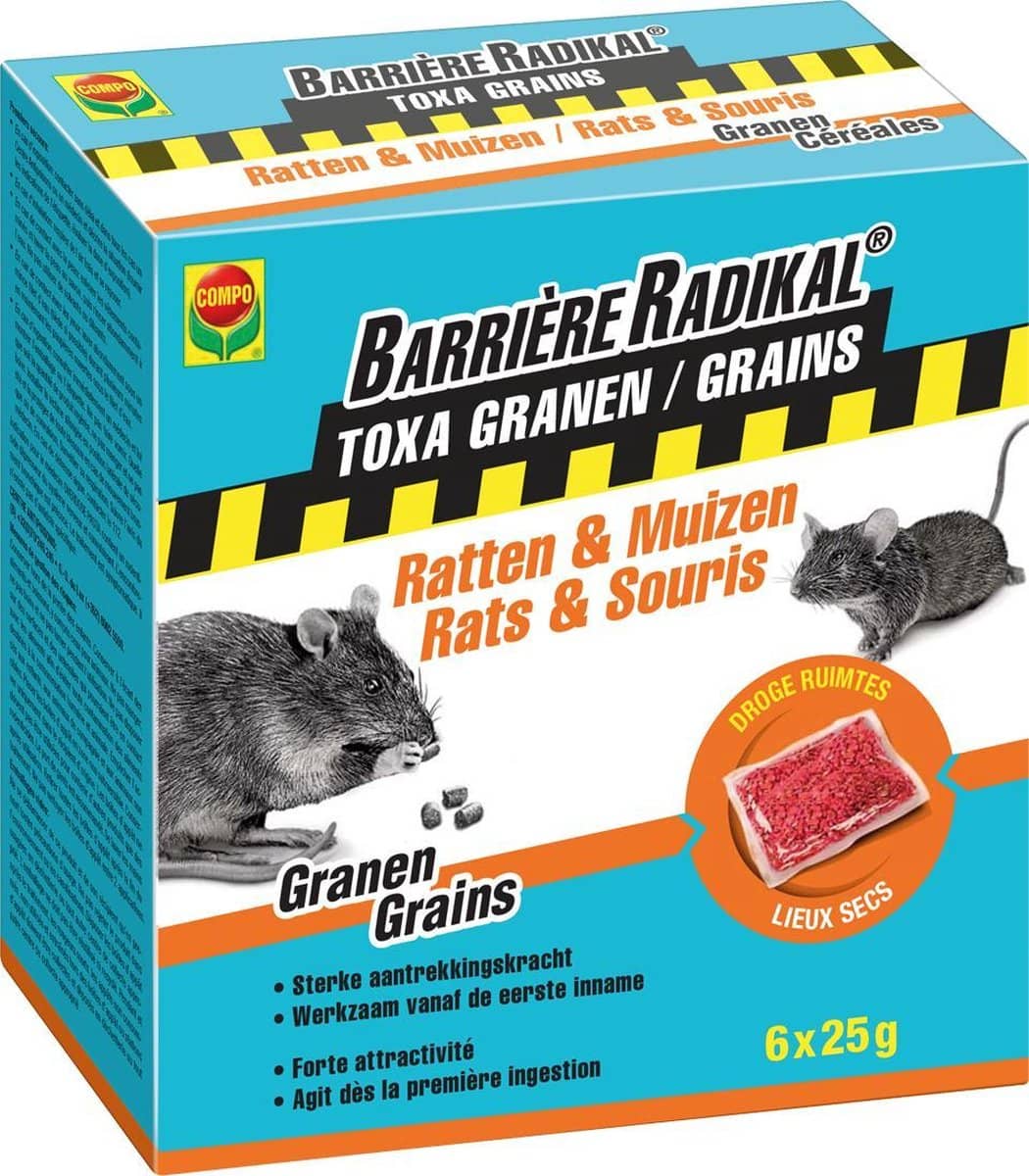 Barrière Radikal – Toxa Granen Ratten en Muizen – 6 x 25 g. Onweerstaanbaar voor ratten en muizen